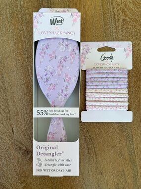 LoveShackFancy Floral Lavender Wet Brush + Elastic Hair Band Set